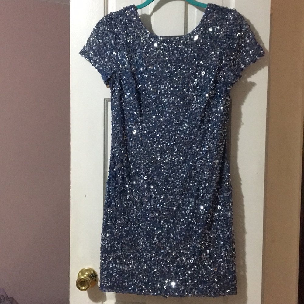 Adrianna Papell Blue Sequin Scoop Back Dress